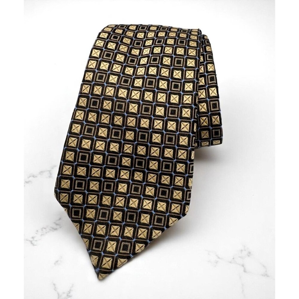 Sean John Micro Check Neck Tie Silk Black Gold Checkered Squares Blue Accents